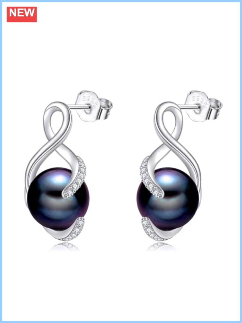 Sterling Silver Black Pearl Drop Earrings Lab Diamond Infinity Stud